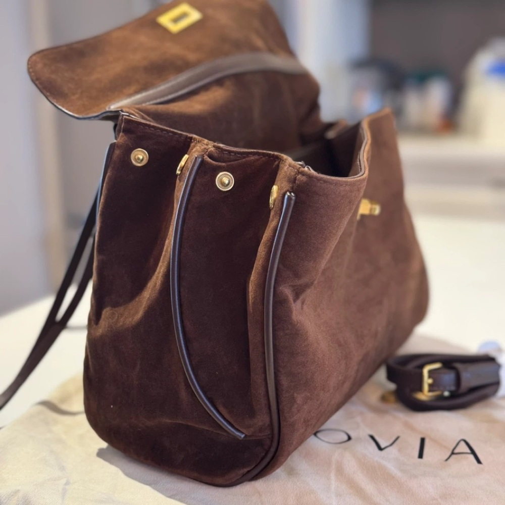 Vovia Dark Brown Suede Satchel with Gold Hardware - Picture 3 of 6